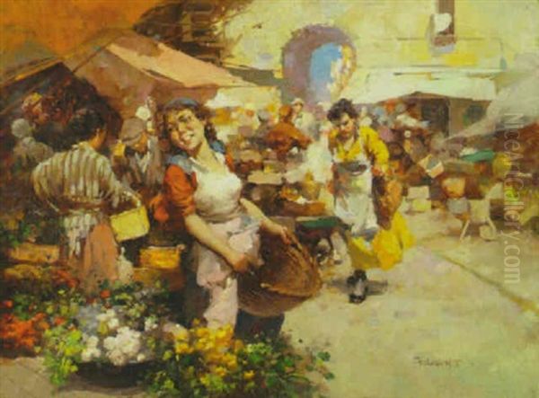 Flower Market Oil Painting by W. Emerich Vizkelety