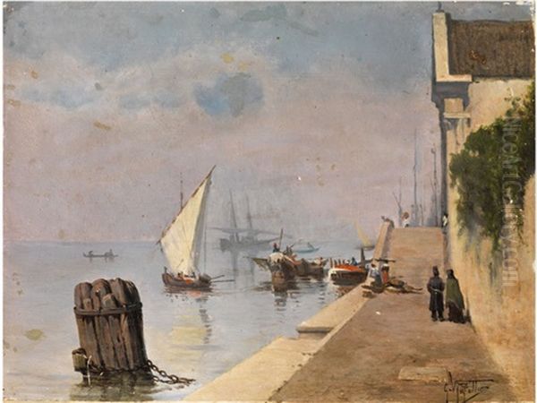 Segelschiffe Und Fischerkahne In Der Lagune Von Venedig Oil Painting by Giuseppe Vizzotto Alberti