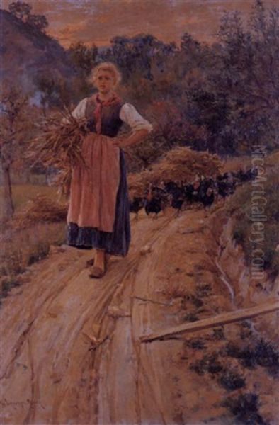 The Wood Carrier With Turkeys Oil Painting by Giuseppe Vizzotto Alberti