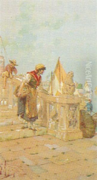 Venezianische Szene An Einem Kai Oil Painting by Giuseppe Vizzotto Alberti