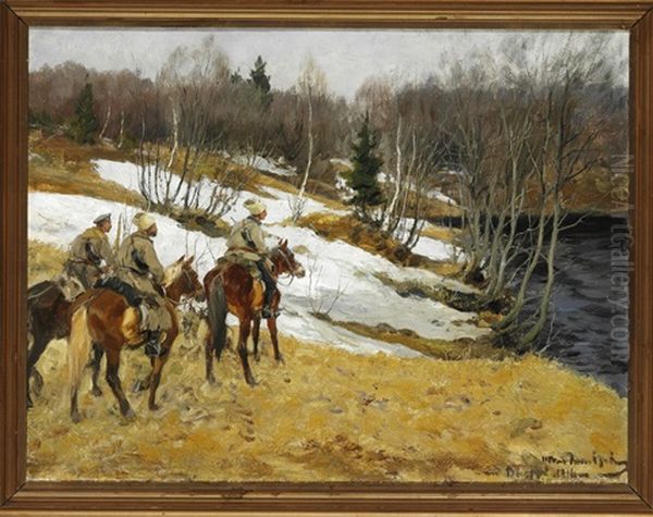 Russian Cossacks At A Stream In The Early Spring Oil Painting by Ivan Alekseevich Vladimirov