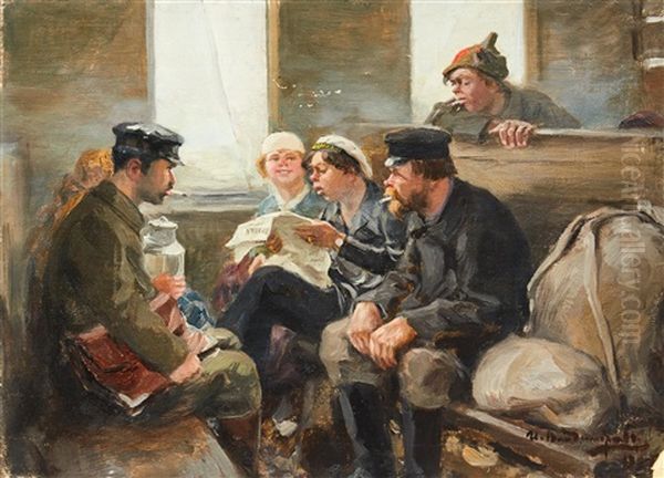 A Man Reading The Newspaper On The Train Oil Painting by Ivan Alekseevich Vladimirov