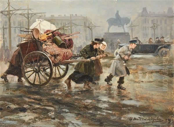 A Family Carrying Their Belongings - St. Petersburg Oil Painting by Ivan Alekseevich Vladimirov