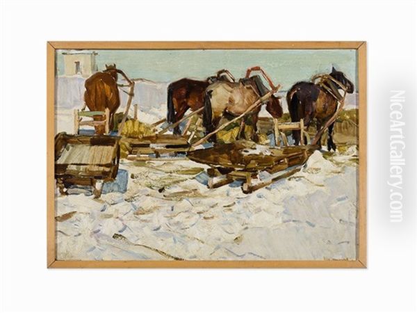 Horses In The Rig In The Winter Oil Painting by Ivan Alekseevich Vladimirov