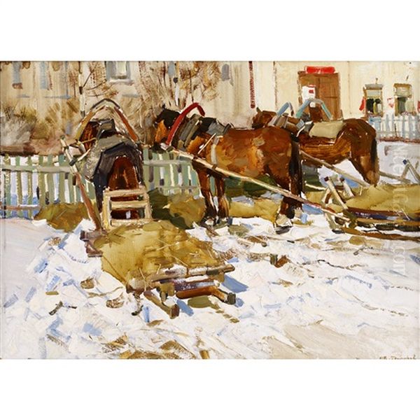 Horsecarts In Winter Oil Painting by Ivan Alekseevich Vladimirov