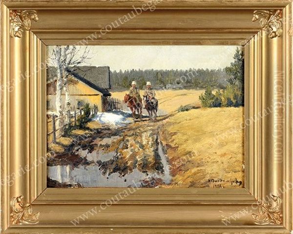 Cosaques A Cheval Traversant Un Village En Automne Oil Painting by Ivan Alekseevich Vladimirov