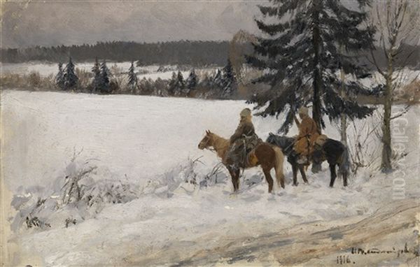 Winter Scene With Two Cossack Horsemen Oil Painting by Ivan Alekseevich Vladimirov