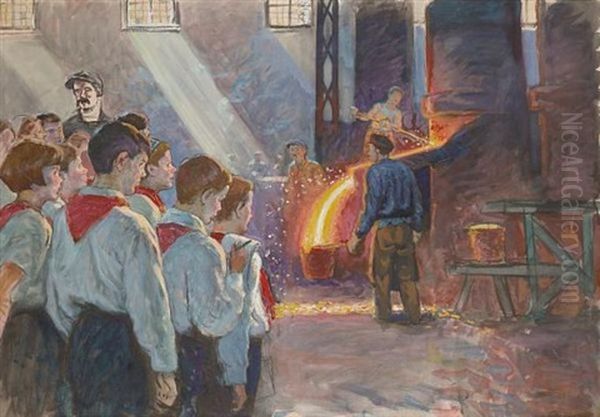 Young Pioneers In A Foundry Oil Painting by Boris J. Vladimirsky