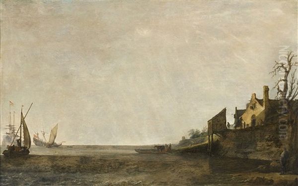 Ships At Anchor By A Dyke Oil Painting by Simon De Vlieger