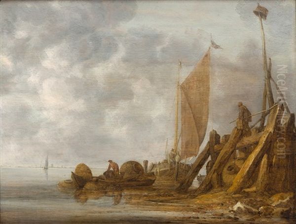 A River Landscape With The Entrance To A Harbour, A Fisherman In A Small Boat With Lobster Pots And A Sailing Boat Oil Painting by Simon De Vlieger