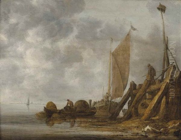 A River Landscape With The Entrance To A Harbour, A Fisherman In A Small Boat With Lobster Pots And A Sailing Boat Near A Jetty Oil Painting by Simon De Vlieger