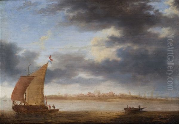 A River Landscape With A Dutch Sailing Boat And Fishermen Throwing Out Their Nets From A Rowing Boat, A View Of A Village On The Coast Beyond Oil Painting by Simon De Vlieger