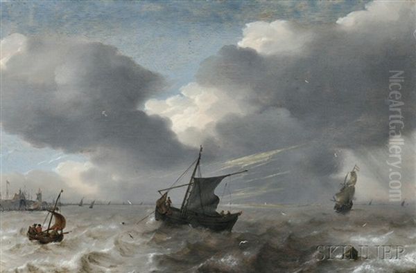 Vessels In Rough Seas Off The Dutch Coast Oil Painting by Simon De Vlieger