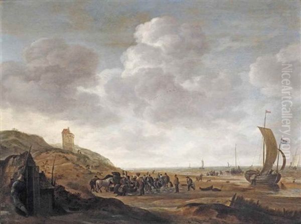 A View Of The Coast Near Egmond, With Fishing Boats Returning From The Catch And A Busy Fish Market At The Foot Of A Dune Oil Painting by Simon De Vlieger