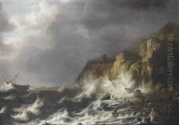 Stormy Seas With A Shipwreck Near The Rocky Shore by Simon De Vlieger