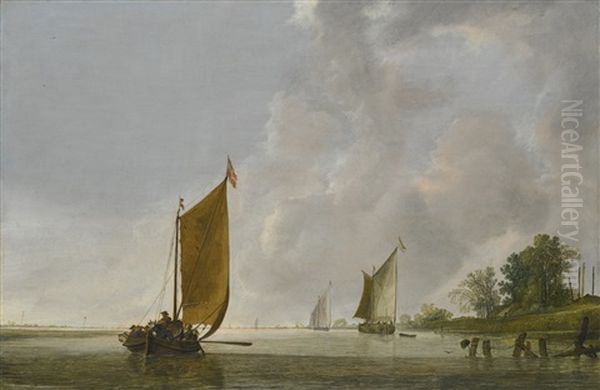 A Calm Estuary At Dawn With A Dutch Kaag Oil Painting by Simon De Vlieger