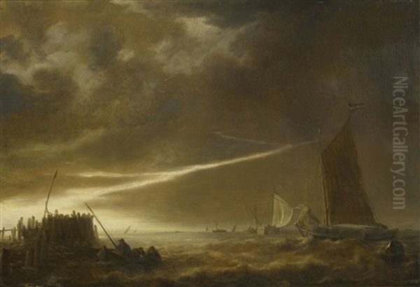 Lightning Over Rough Waters With Sailing Vessels Oil Painting by Simon De Vlieger