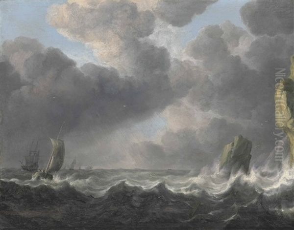 Fishing Boats In A Squall Off A Rocky Coastline Oil Painting by Simon De Vlieger