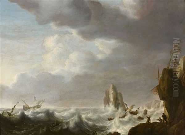 Navires Dans La Tempete Pres D'une Cote Rocheuse Oil Painting by Simon De Vlieger