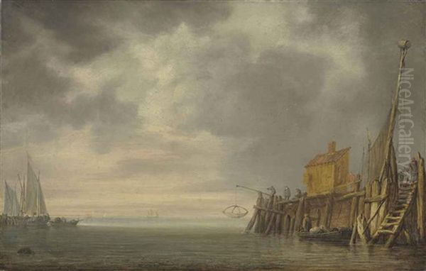 The Entrance To A Harbour With Fishermen Pulling In Their Nets On The Jetty And Vessels At Anchor Oil Painting by Simon De Vlieger