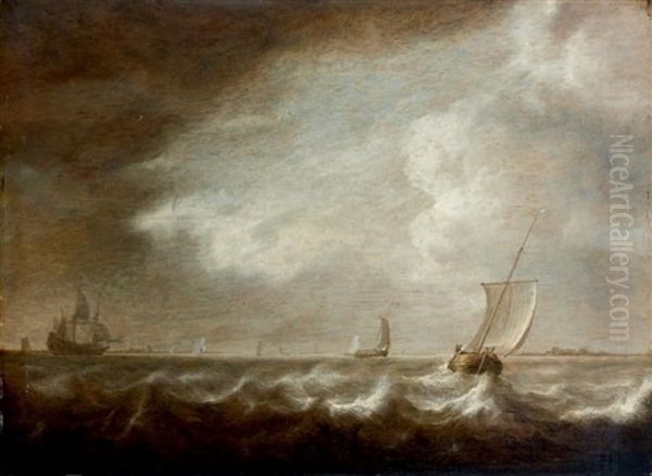 Barques Et Voilier Pres De Cotes Oil Painting by Simon De Vlieger