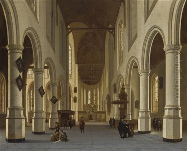 Church Interior With Figures Strolling In The Central Nave Oil Painting by Hendrick Cornelisz van der Vliet