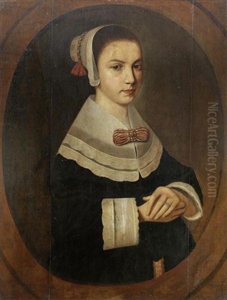 Portrait Of A Girl, Half-length, In A Black Dress With White Cuffs, Collar And Headdress Oil Painting by Hendrick Cornelisz van der Vliet