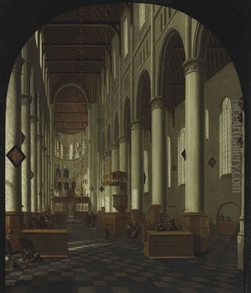 A View Of The Interior Of The New Church, Delft, In A Painted Arch Oil Painting by Hendrick Cornelisz van der Vliet