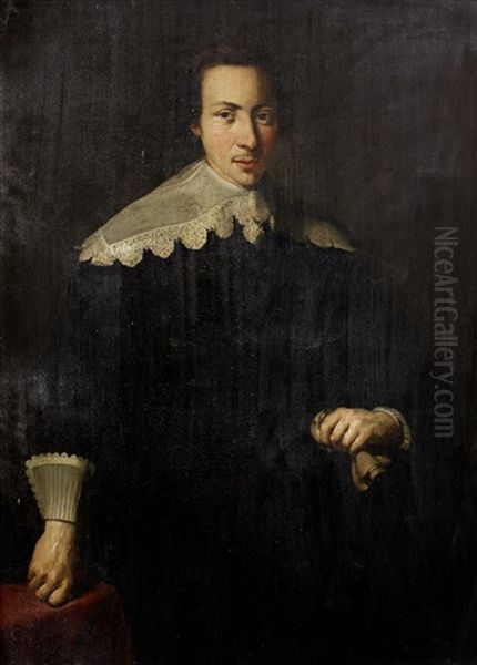 Portrait Of A Gentleman, Three-quarter-length, In Black Costume With A White Lace Collar, Holding Gloves Oil Painting by Willem Willemsz van der Vliet