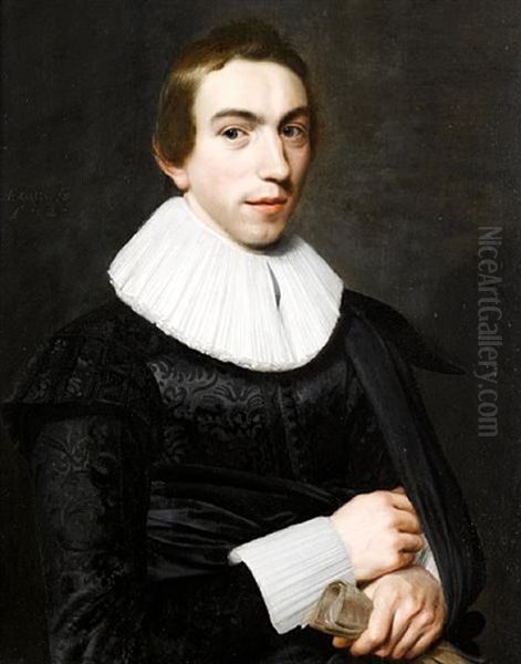 Portrait Of A Gentleman, Aged 18 In A Black Tunic With A White Lace Ruff And Cuffs, Holding A Pair Of Gloves Oil Painting by Willem Willemsz van der Vliet