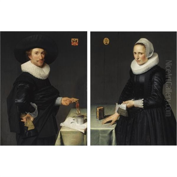 A Portrait Of Willem Reyersz De Langue, Holding Gloves In His Right Hand And Notary Papers In His Left (+ A Portrait Of His Wife Maria Pijnacker; Pair) Oil Painting by Willem Willemsz van der Vliet