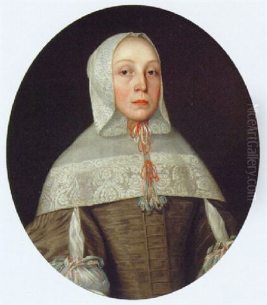 Portrait Of A Woman, In A Grey Dress With A White Lace Headdress And Collar With Red And Blue Ribbons Oil Painting by Willem Willemsz van der Vliet