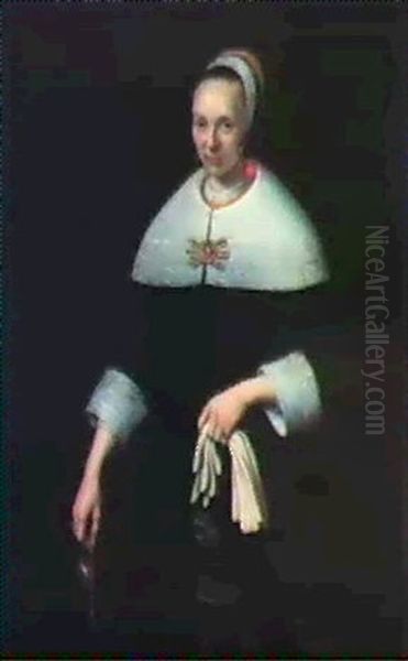 Portrait Of A Lady, Standing Three-quarter Length, Wearing  A Black Costume With White Lace Collar And Cuffs, Holding Oil Painting by Willem Willemsz van der Vliet