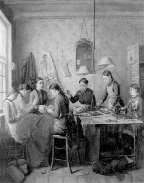 Seamstresses In An Interior Oil Painting by Johannes Franciscus van der Vlis