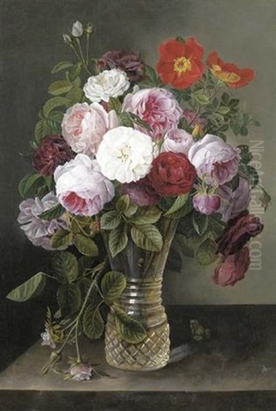 Mixed Roses In A Crystal Vase Oil Painting by Gottfried Wilhelm Voelcker