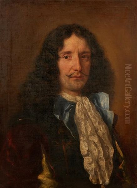 A Portrait Of A Gentleman In Armour Wearing A Lace Jabot And A Blue Ribbon Oil Painting by Jakob Ferdinand Voet