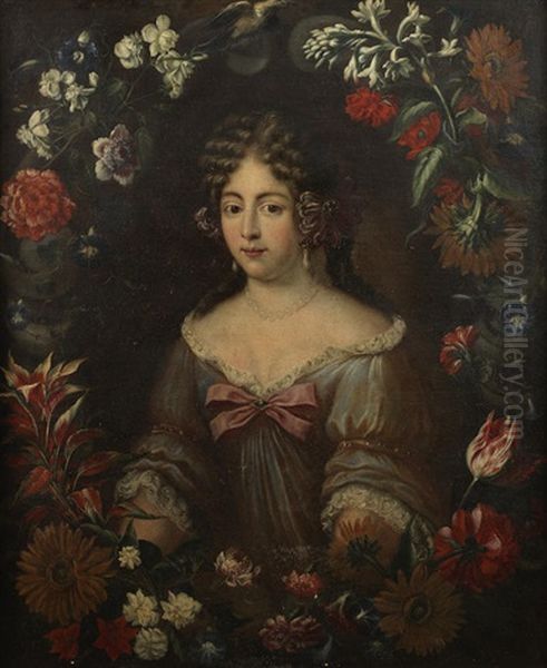 Portrait Of A Lady, Half-length, In A Blue Dress Within A Garland Of Flowers; And Portrait Of A Lady, Half-length, In A Pink Dress Within A Garland Of Flowers (pair) Oil Painting by Jakob Ferdinand Voet