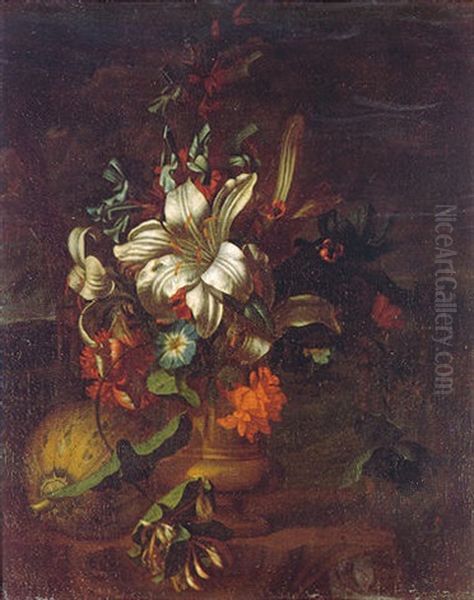 A Still Life Of Lilies, Roses, Convolvulus And Other Flowers In A Stone Urn Beside A Melon, In A Landscape Oil Painting by Karel Borchaert Voet