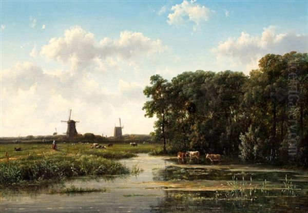 Boerin Met Juk In Een Zomerse Weide Met Koeien En Molens Oil Painting by Johannes Gysbert Vogel the Younger