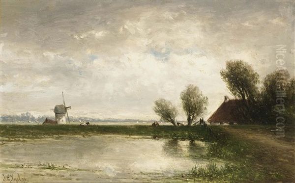 A Polder Landscape Oil Painting by Johannes Gysbert Vogel the Younger