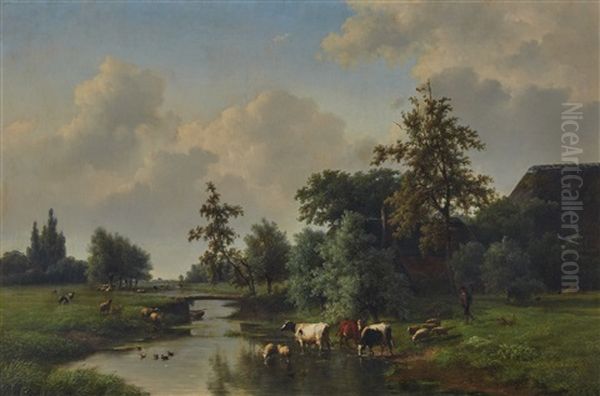 Farm Animals By A Stream Oil Painting by Cornelis Jan de Vogel