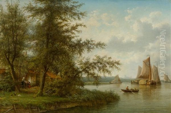 Dutch River Landscape With Figures Oil Painting by Cornelis Jan de Vogel