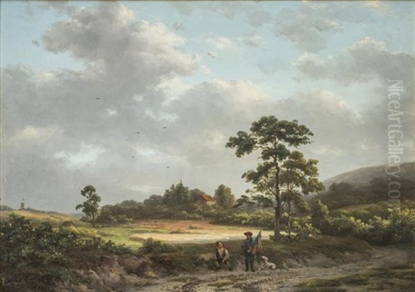 Untitled - Figures Stopped On A Country Road Oil Painting by Cornelis Jan de Vogel