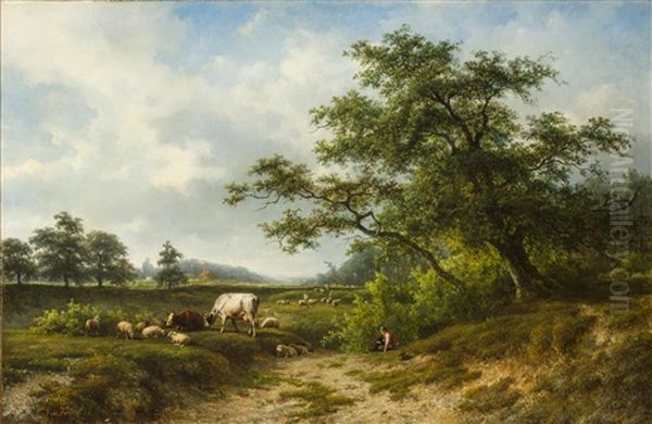 A Landscape With Herder, Cattle And Sheep At Pasture Oil Painting by Cornelis Jan de Vogel