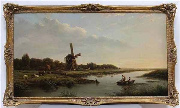 Hollandische Flusslandschaft Mit Vieh Und Fischern, Ihr Netz Auslegend Oil Painting by Cornelis Jan de Vogel