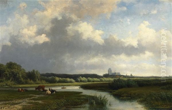 Flusslandschaft Mit Vieh, Im Hintergrund Die Groote Kerk In Dordrecht Oil Painting by Cornelis Jan de Vogel