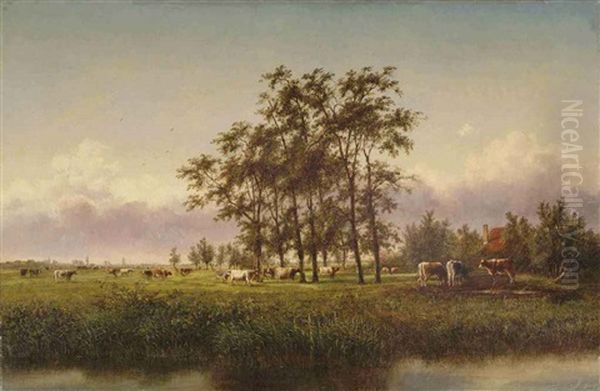 Cows In A Meadow, A Village Beyond Oil Painting by Cornelis Jan de Vogel