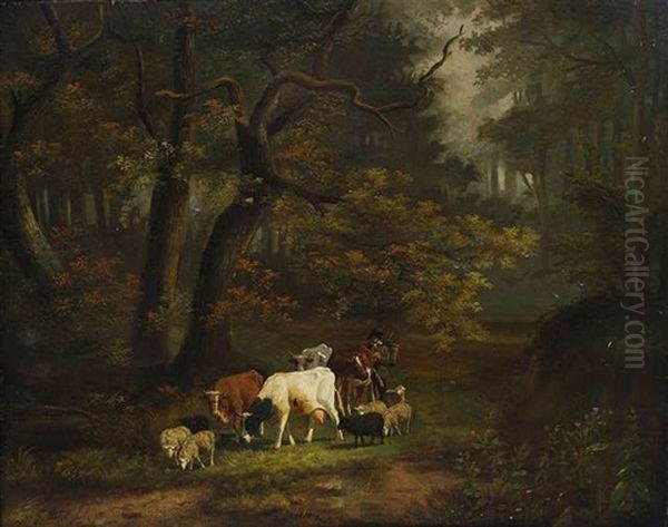 Waldinneres Mit Kleiner Kuh- Und Schafherde Oil Painting by Cornelis Jan de Vogel