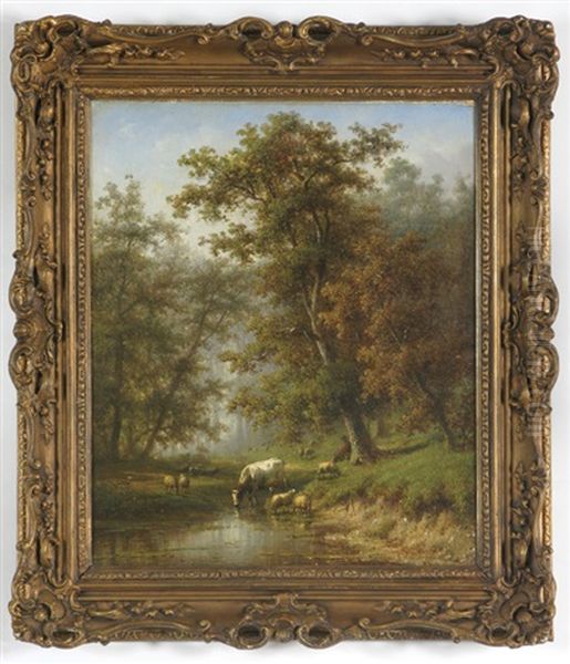 Forest Landscape With Stream, Shepherd, Cow And Sheep Oil Painting by Cornelis Jan de Vogel