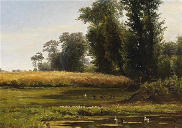 Sommerliche Teichlandschaft Am Waldesrand Oil Painting by Cornelis Jan de Vogel